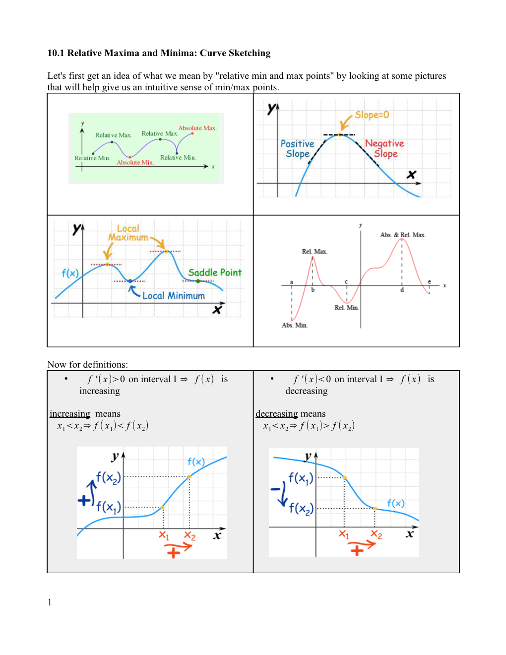 10.1 Relative Maxima and Minima: Curve Sketching