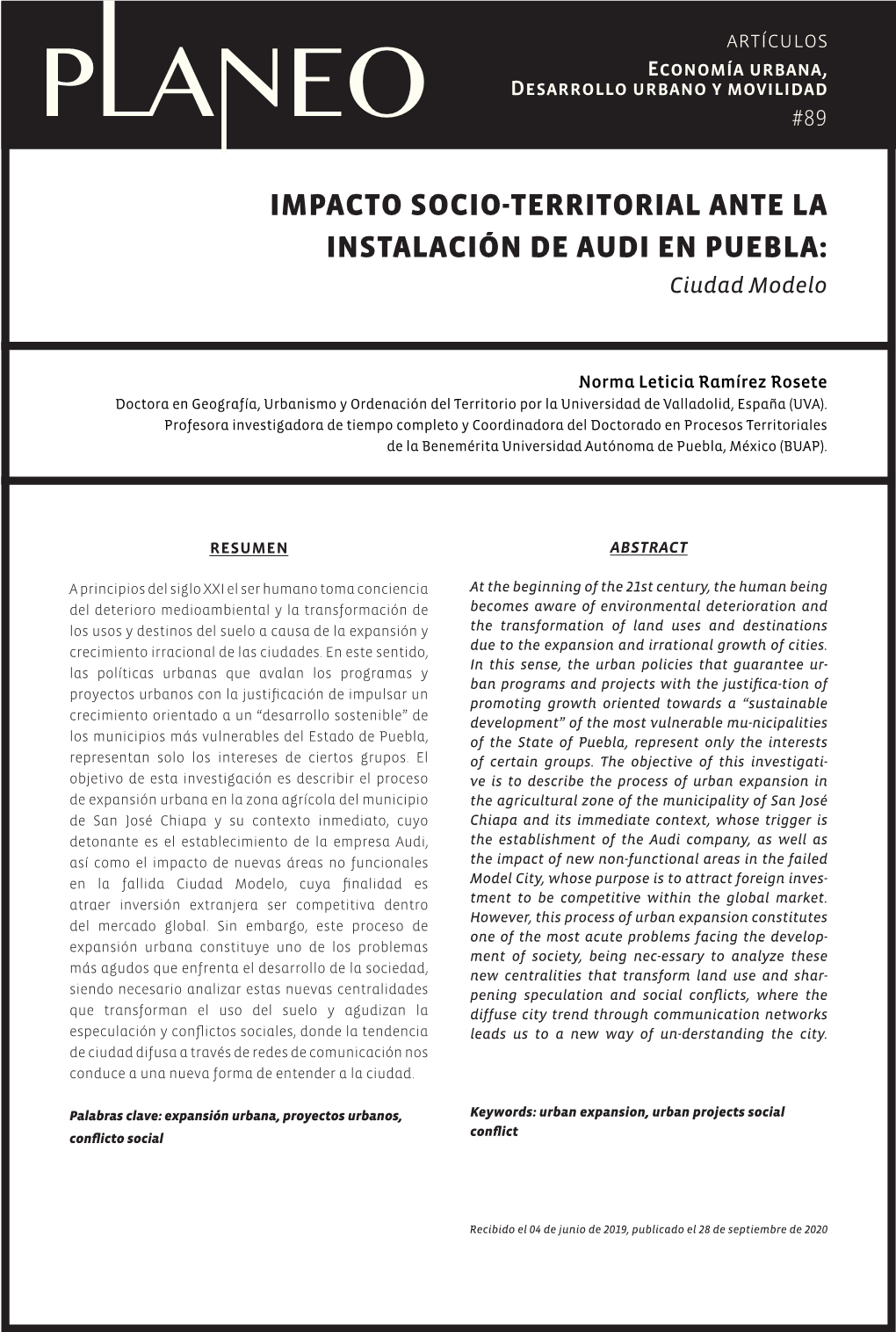 IMPACTO SOCIO-TERRITORIAL ANTE LA INSTALACIÓN DE AUDI EN PUEBLA: Ciudad Modelo