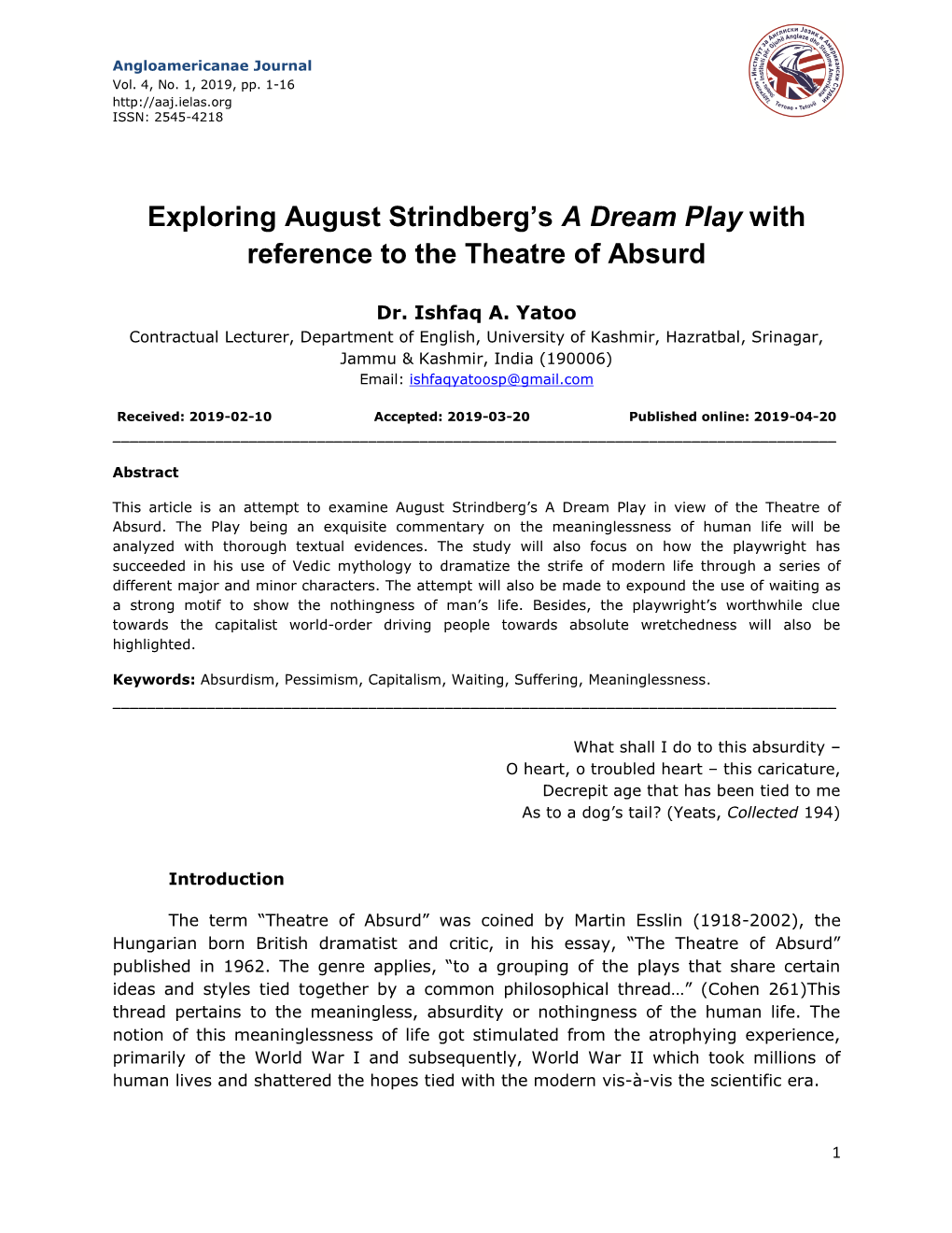 Exploring August Strindberg's a Dream Play with Reference to The