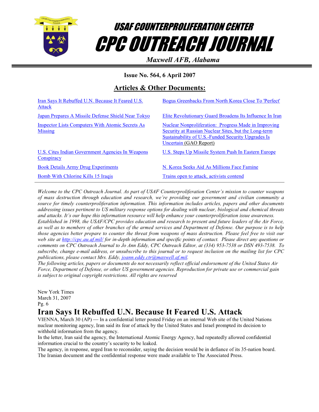 USAF Counterproliferation Center CPC Outreach Journal