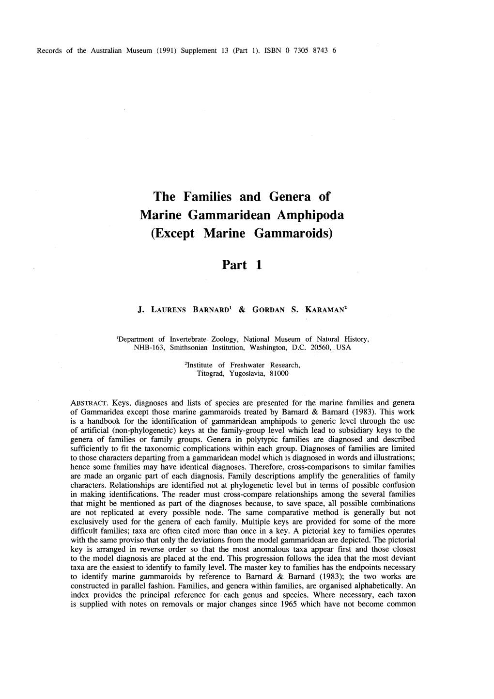 The Families and Genera of Marine Gammaridean Amphipoda (Except Marine Gammaroids)