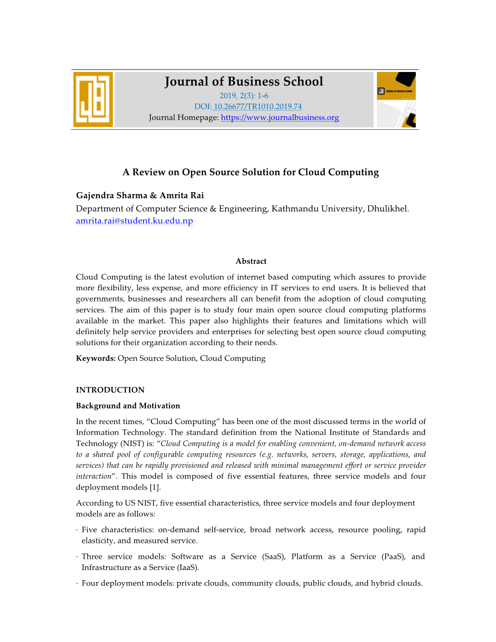 Journal of Business School 2019, 2(3): 1-6 DOI: 10.26677/TR1010.2019.74 Journal Homepage