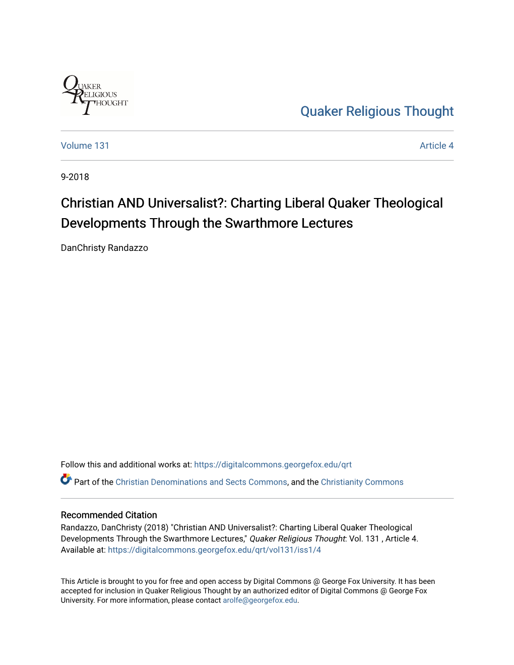 Christian and Universalist?: Charting Liberal Quaker Theological Developments Through the Swarthmore Lectures