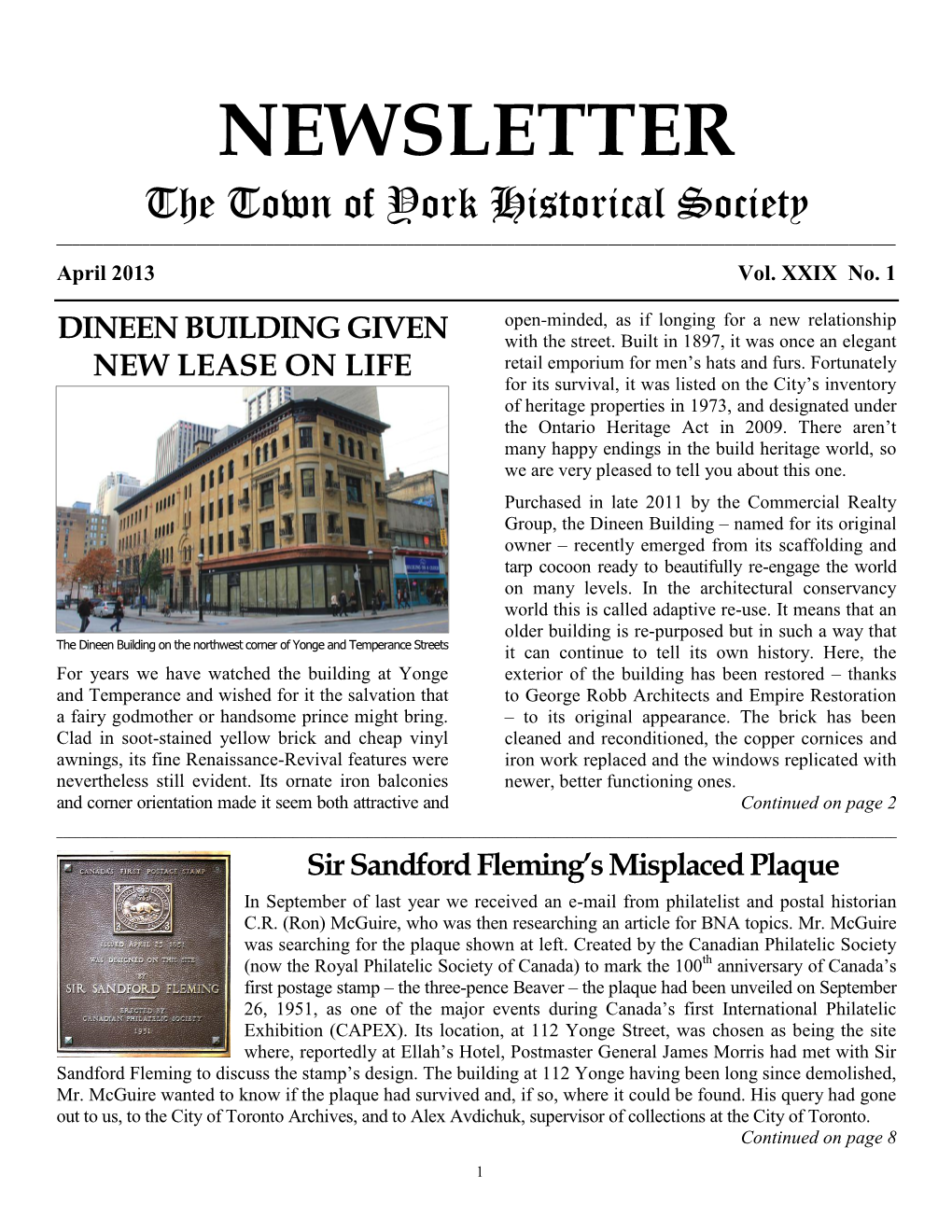 NEWSLETTER the Town of York Historical Society ______