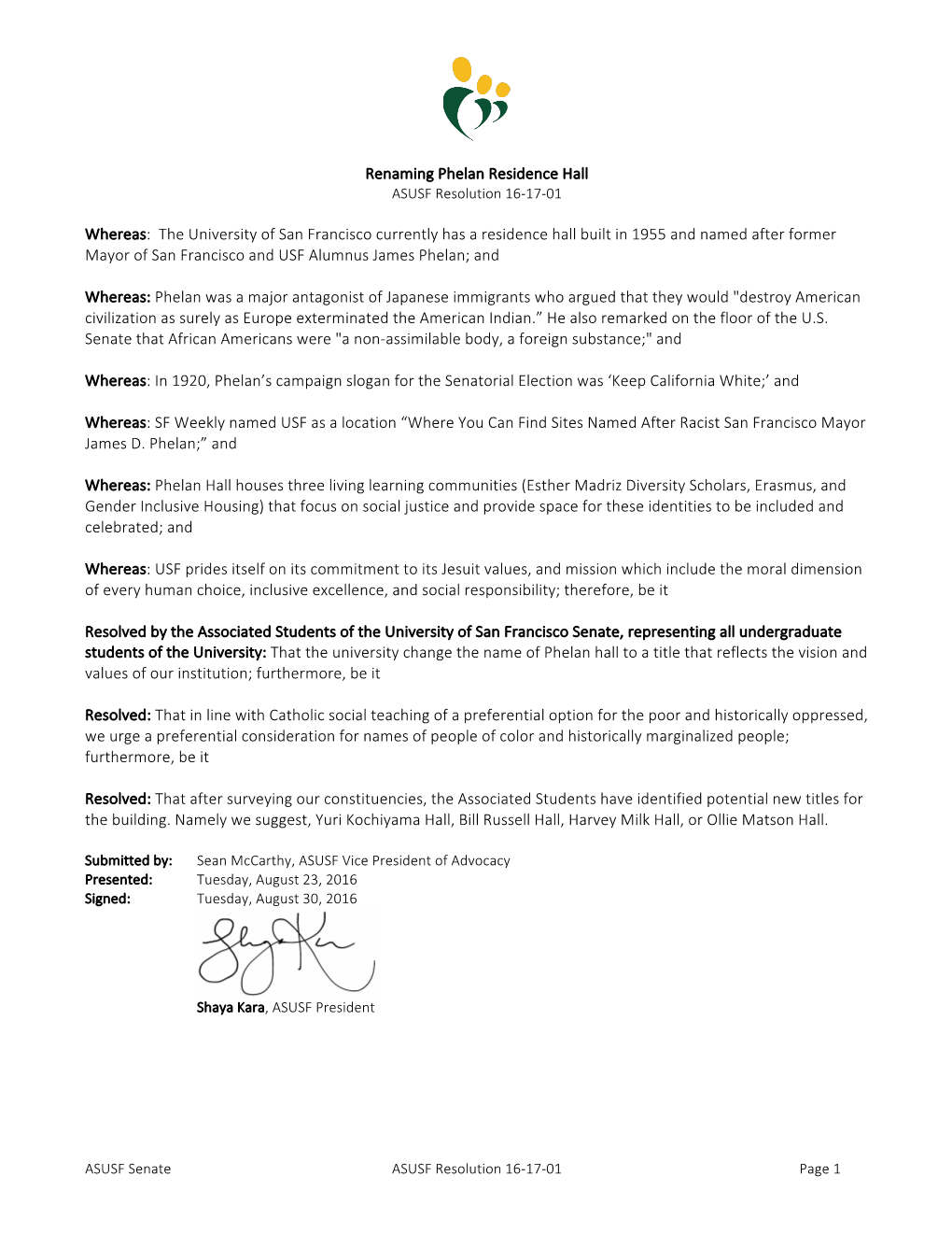 ASUSF Resolution 16-17-01 Renaming Phelan Residence Hall