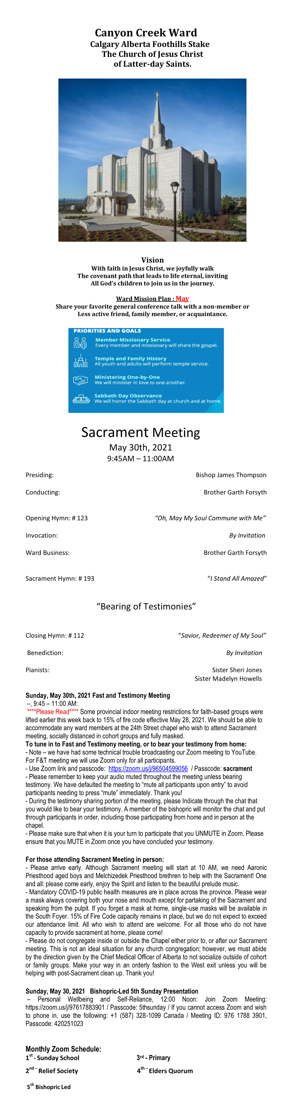 Sacrament Meeting May 30Th, 2021 9:45AM – 11:00AM