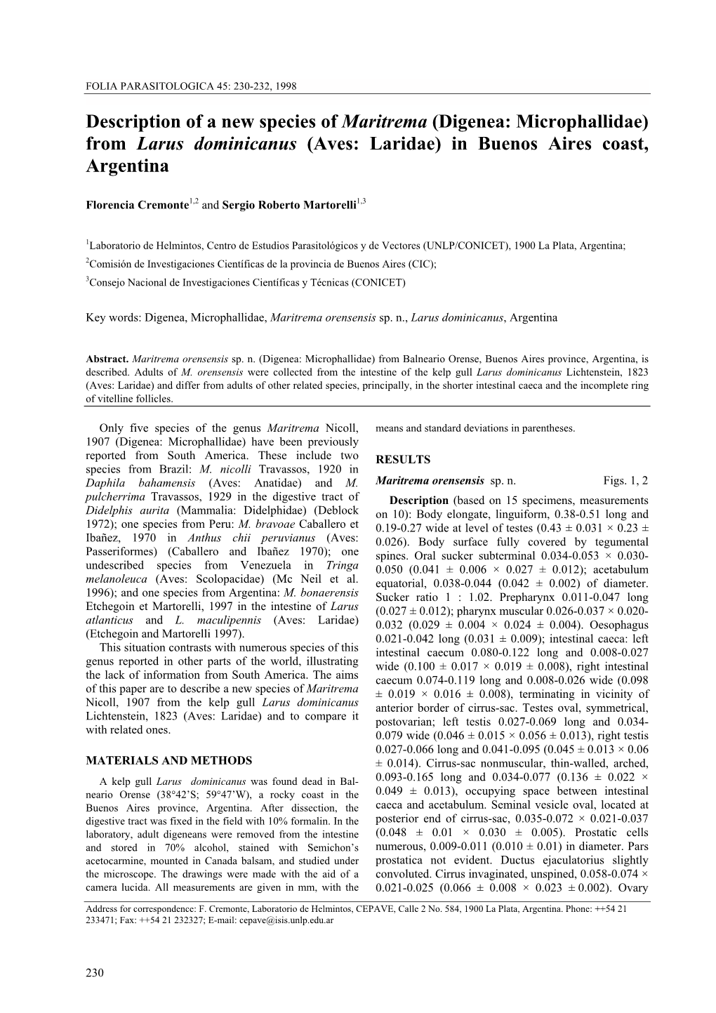 (Digenea: Microphallidae) from Larus Dominicanus (Aves: Laridae) in Buenos Aires Coast, Argentina