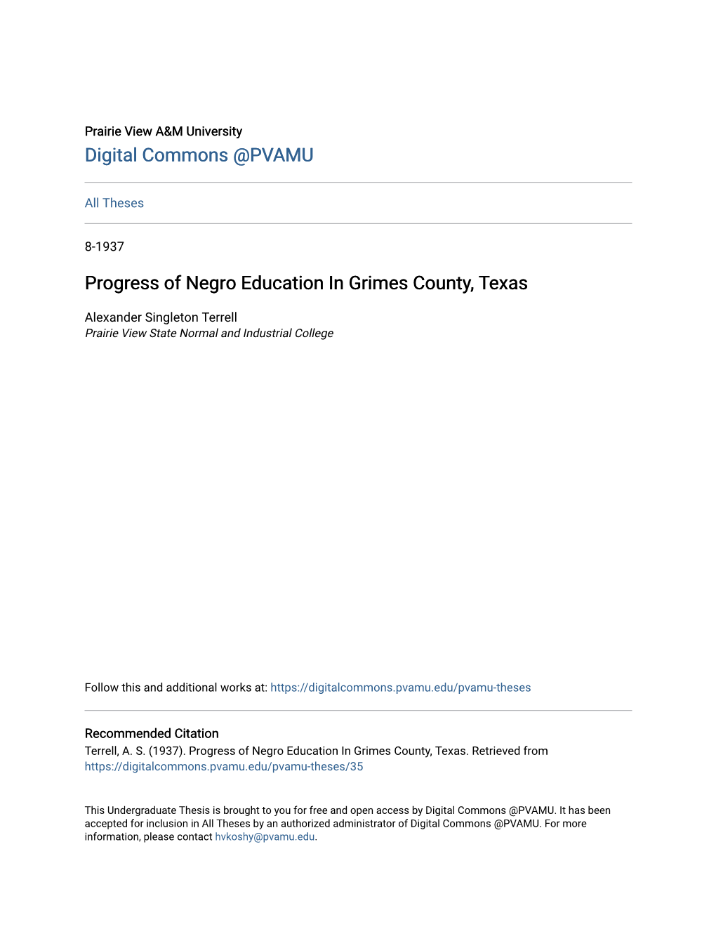Progress of Negro Education in Grimes County, Texas