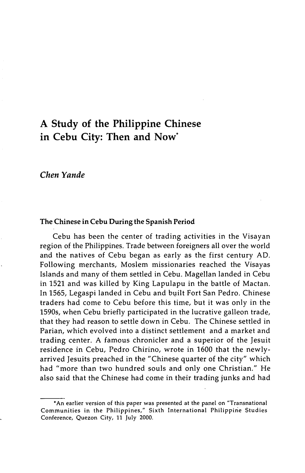 A Study of the Philippine Chinese in Cebu City: Then and Now'