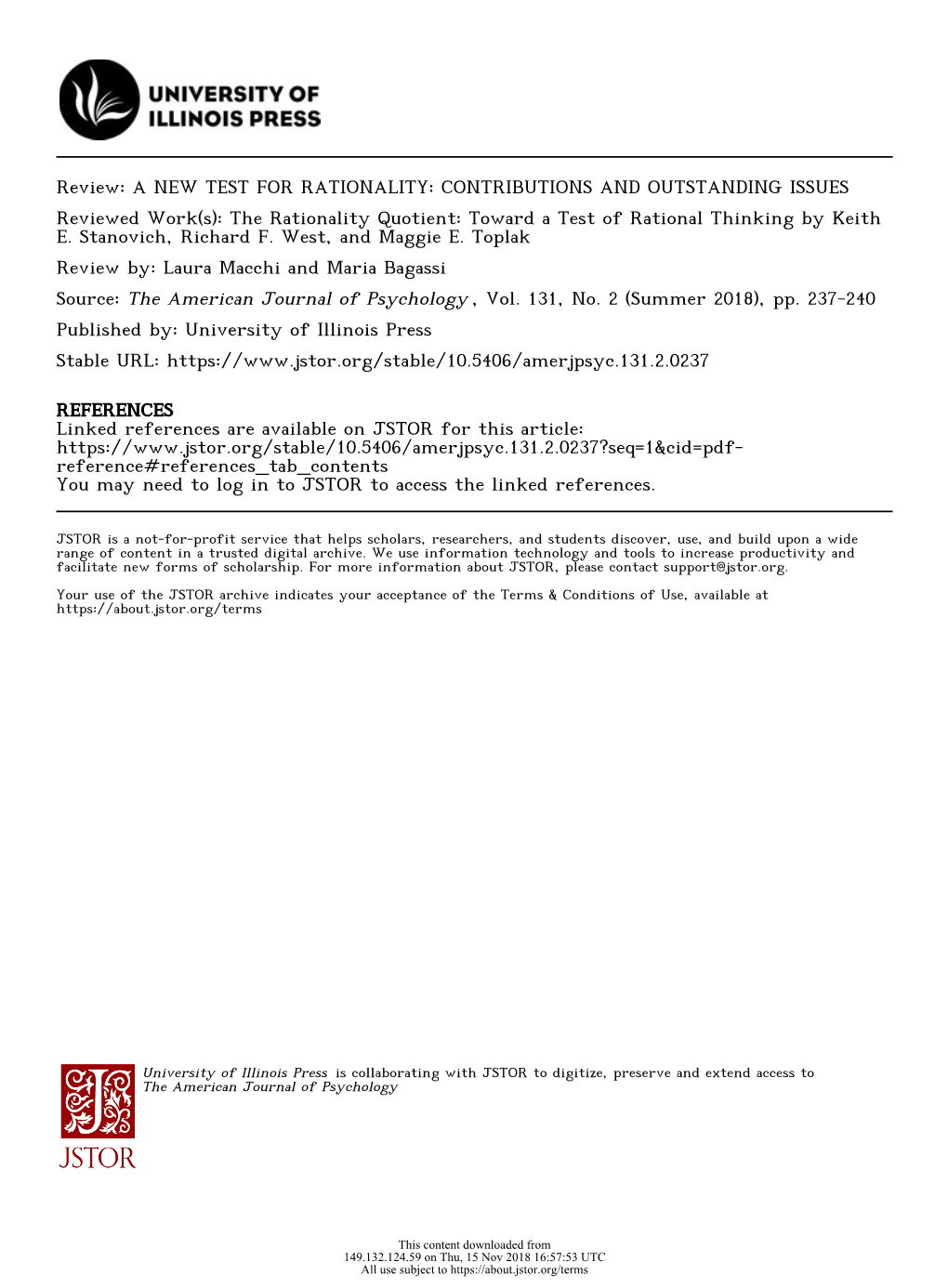 A NEW TEST for RATIONALITY: CONTRIBUTIONS and OUTSTANDING ISSUES Reviewed Work(S): the Rationality Quotient: Toward a Test of Rational Thinking by Keith E