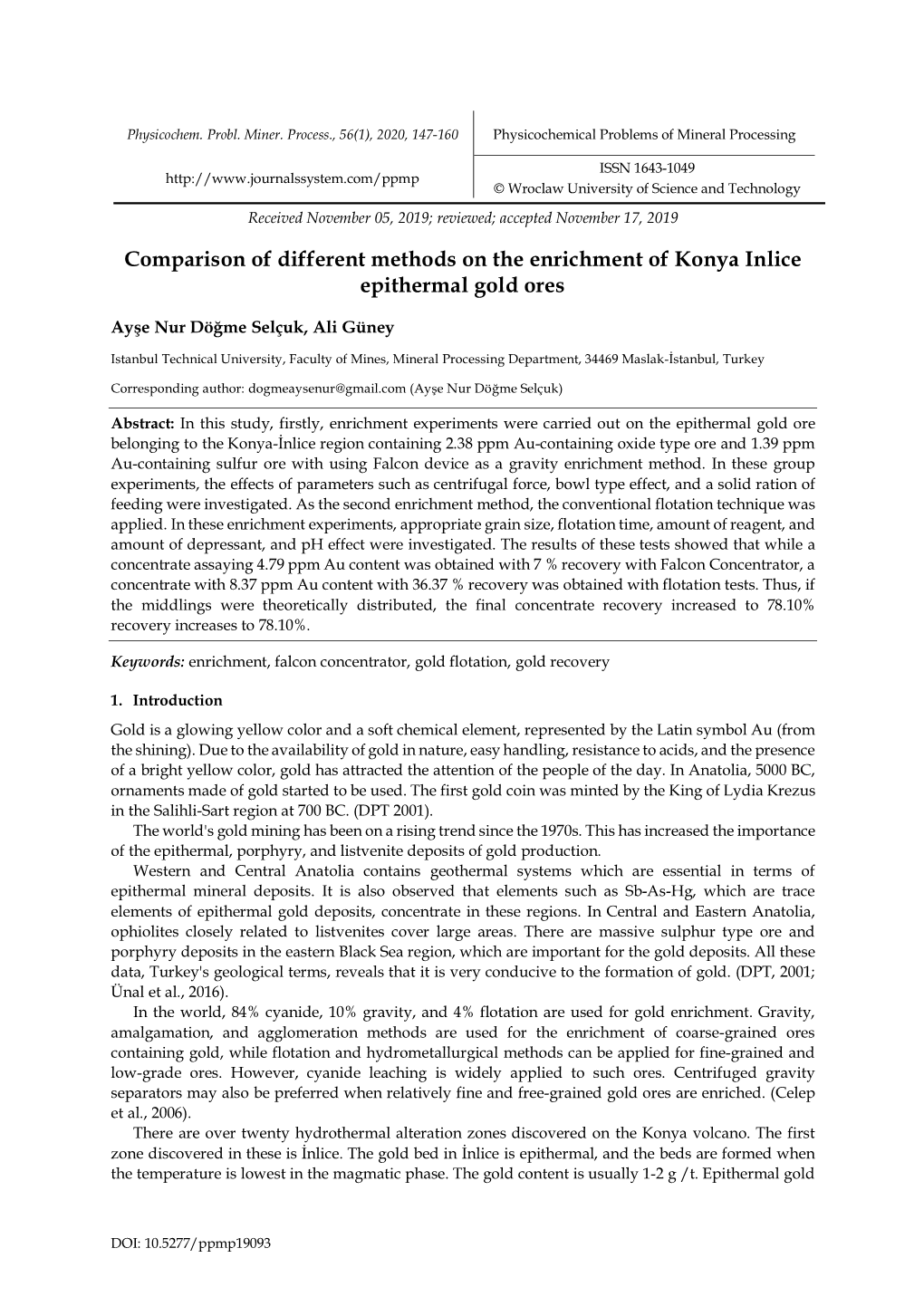 Comparison of Different Methods on the Enrichment of Konya Inlice Epithermal Gold Ores