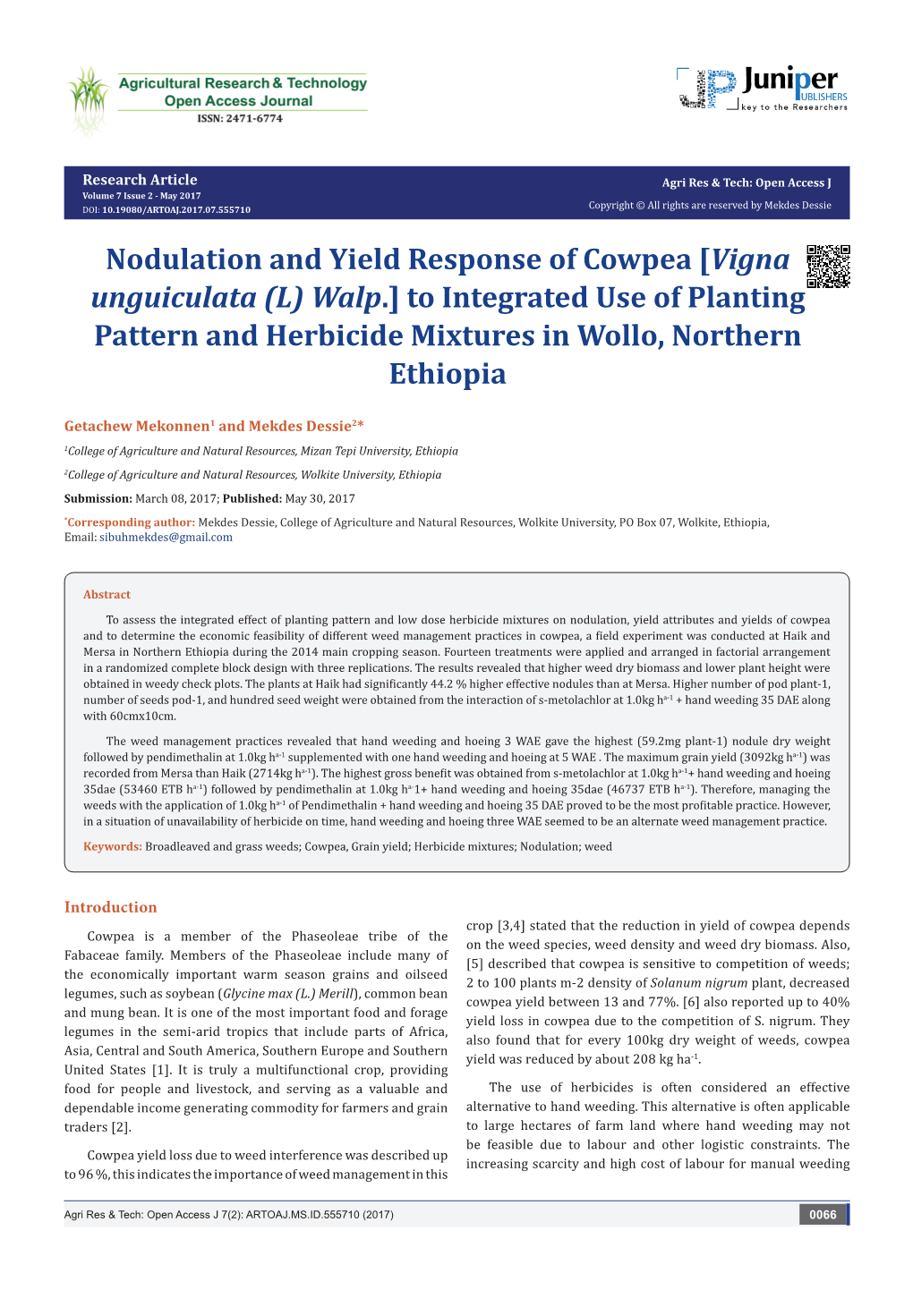 Nodulation and Yield Response of Cowpea [Vigna Unguiculata (L) Walp.] to Integrated Use of Planting Pattern and Herbicide Mixtures in Wollo, Northern Ethiopia