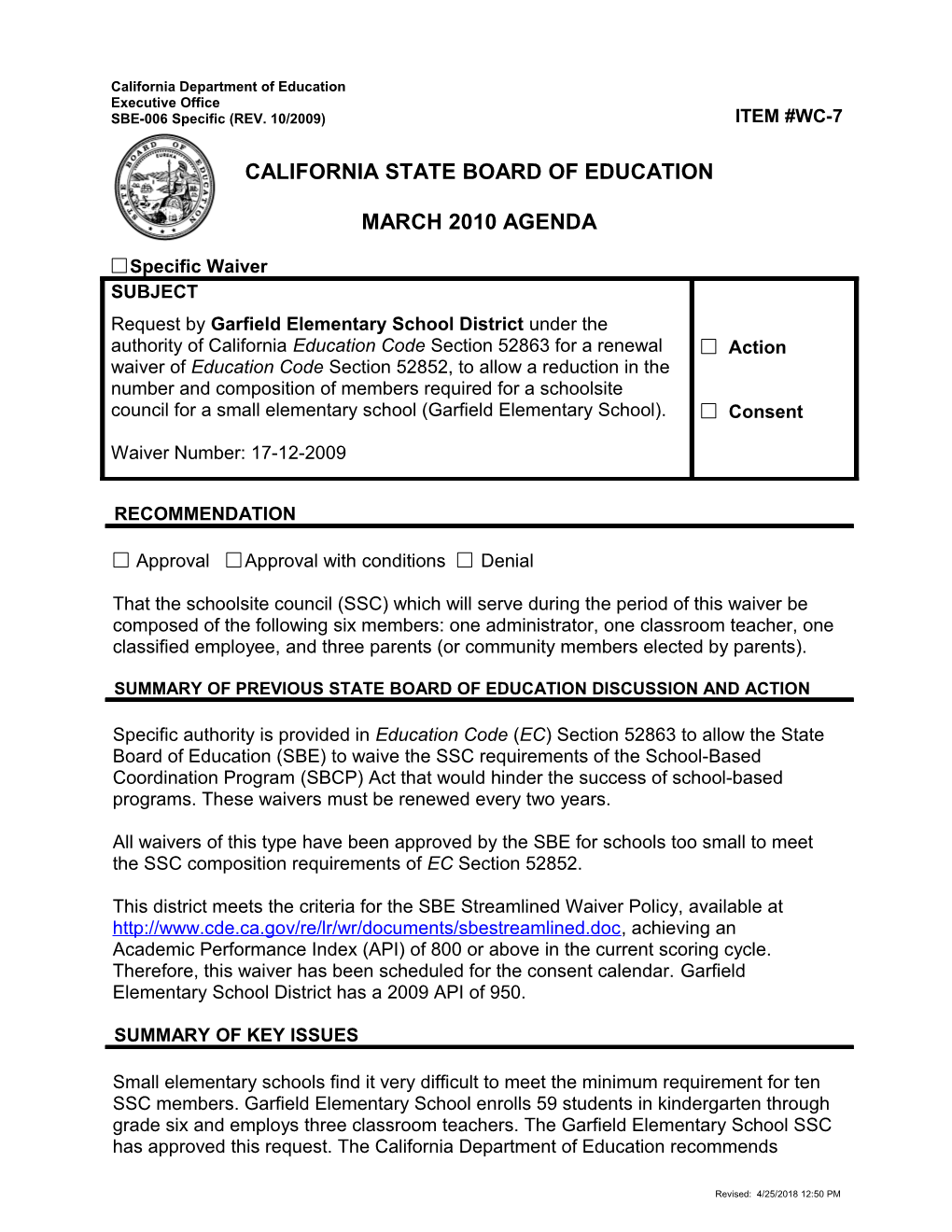 March 2010 Waiver Item WC7 - Meeting Agendas (CA Department of Education)