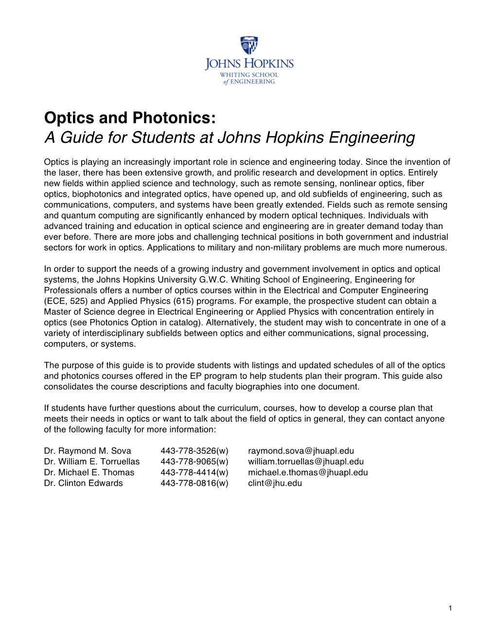 Optics and Photonics: a Guide for Students at Johns Hopkins Engineering