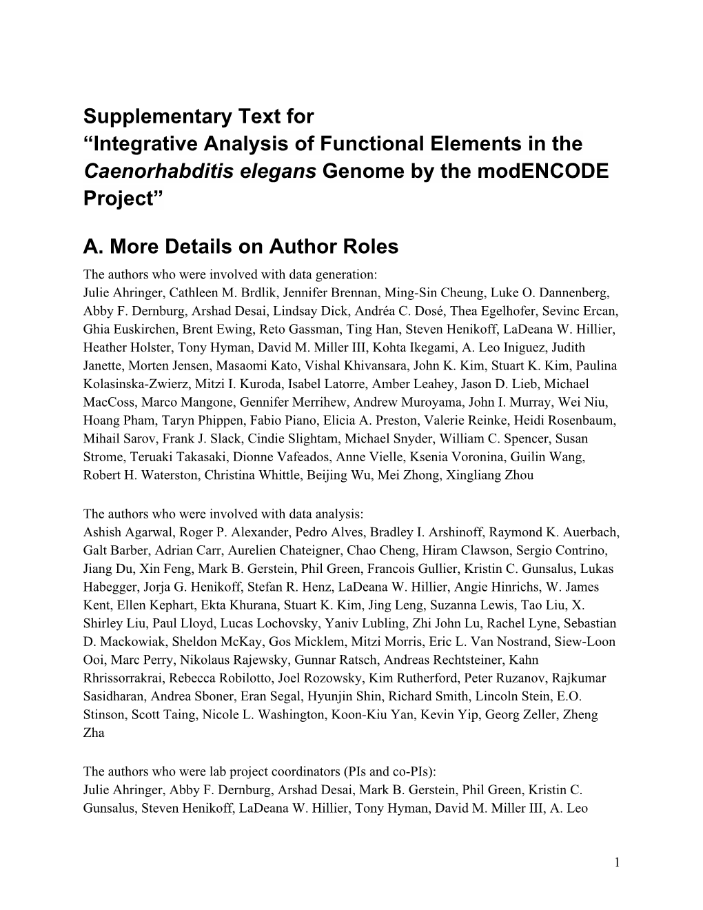 Supplementary Text for “Integrative Analysis of Functional Elements in the Caenorhabditis Elegans Genome by the Modencode