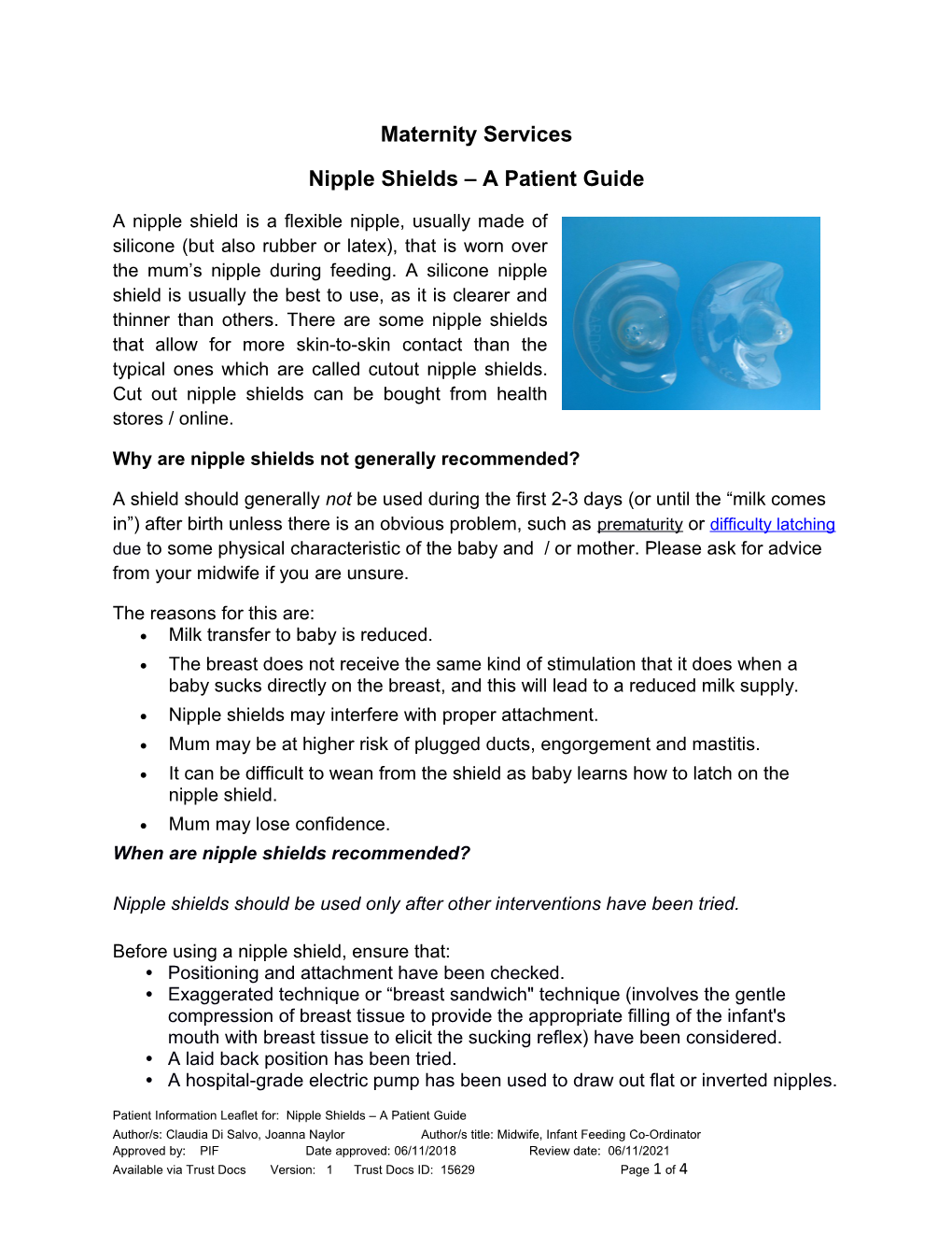 Maternity Services Nipple Shields – a Patient Guide