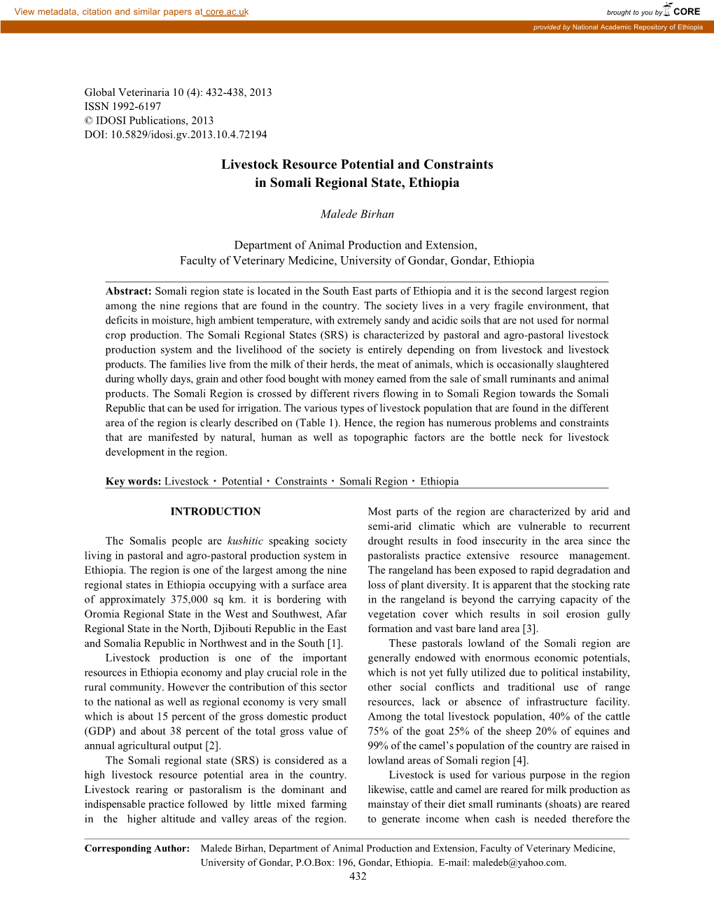 Livestock Resource Potential and Constraints in Somali Regional State, Ethiopia