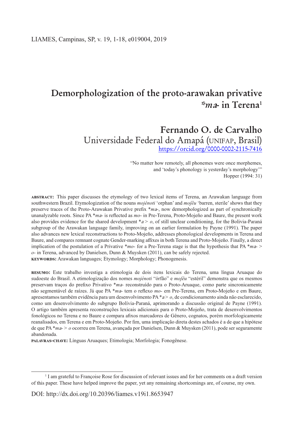 Demorphologization of the Proto-Arawakan Privative *Ma- in Terena1
