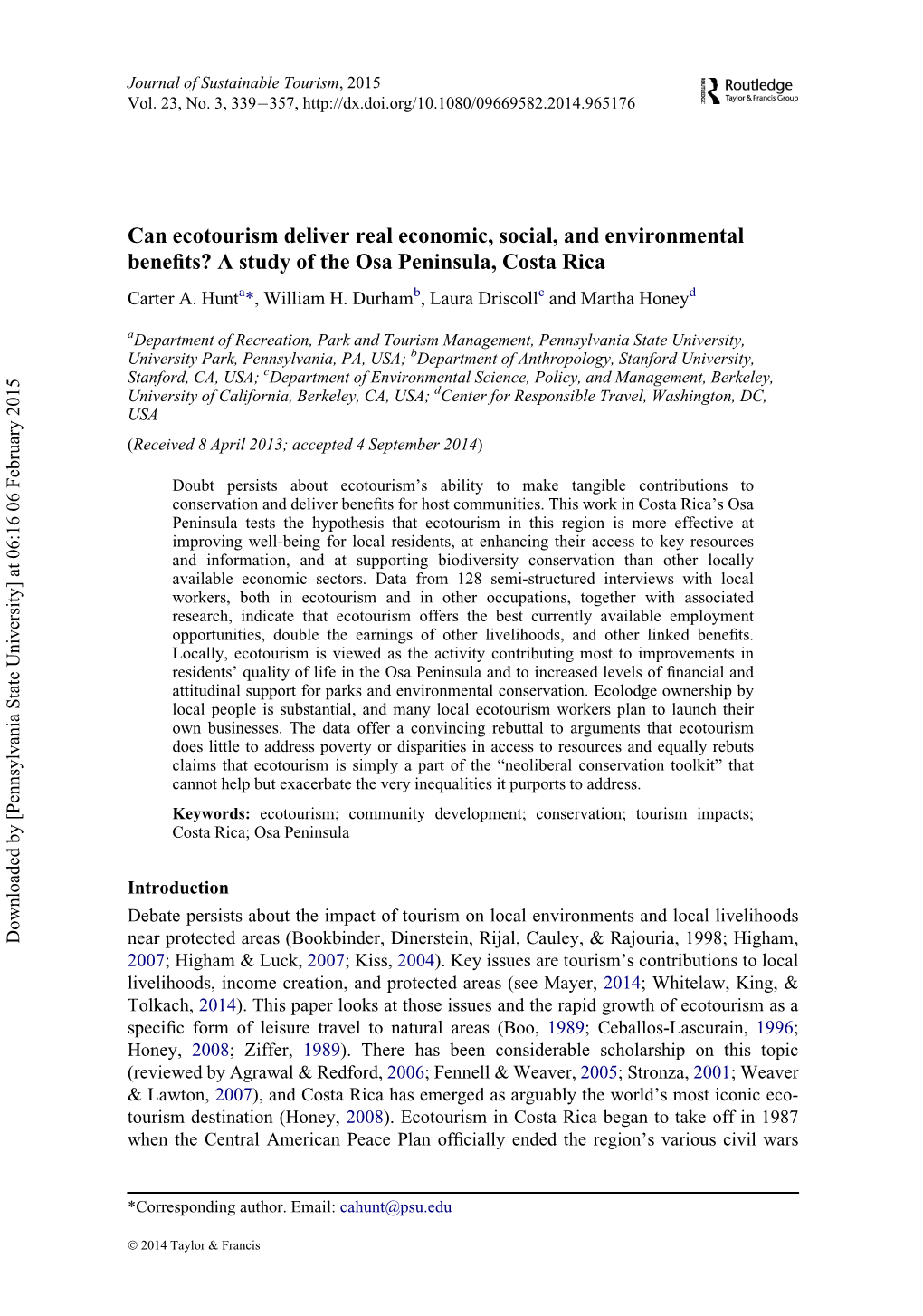 Can Ecotourism Deliver Real Economic, Social, and Environmental Benefits? a Study of the Osa Peninsula, Costa Rica