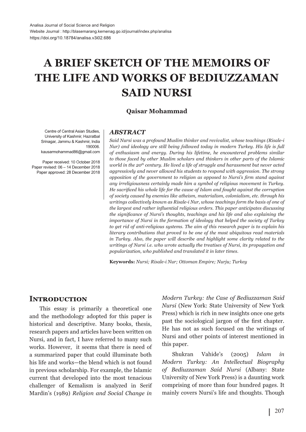 A Brief Sketch of the Memoirs of the Life and Works of Bediuzzaman Said Nursi
