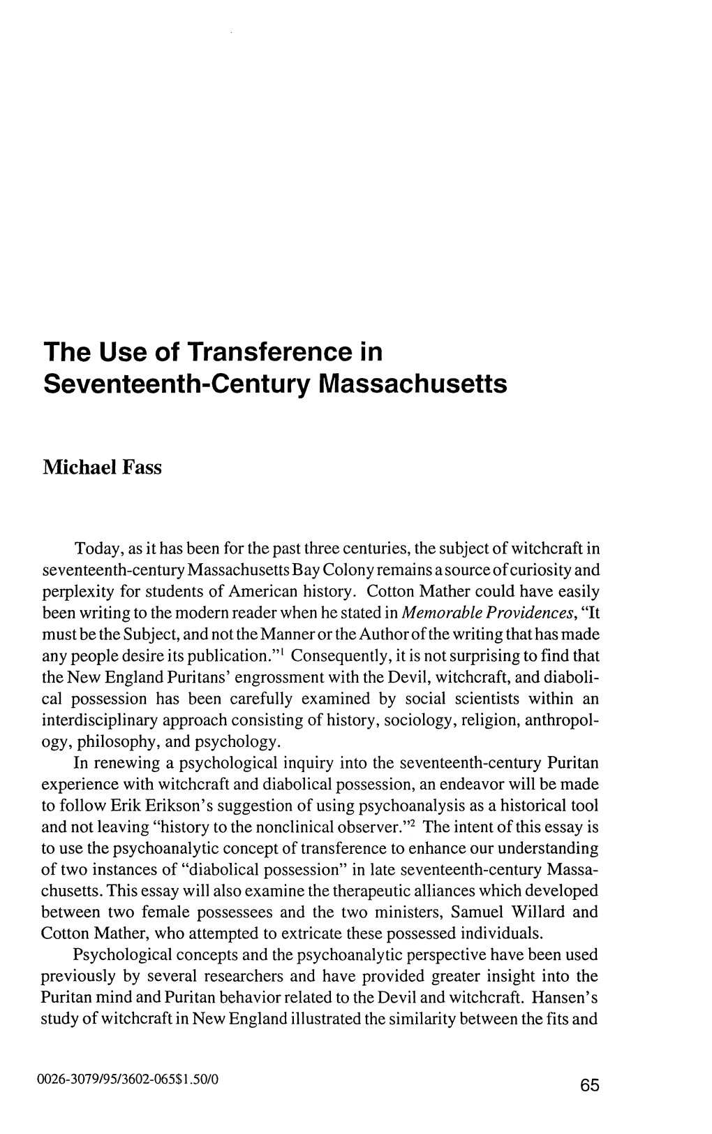The Use of Transference in Seventeenth-Century Massachusetts