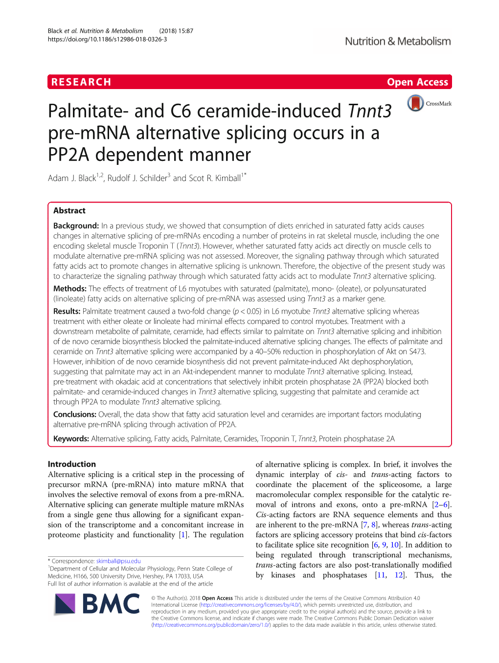 Palmitate- and C6 Ceramide-Induced Tnnt3 Pre-Mrna Alternative Splicing Occurs in a PP2A Dependent Manner Adam J