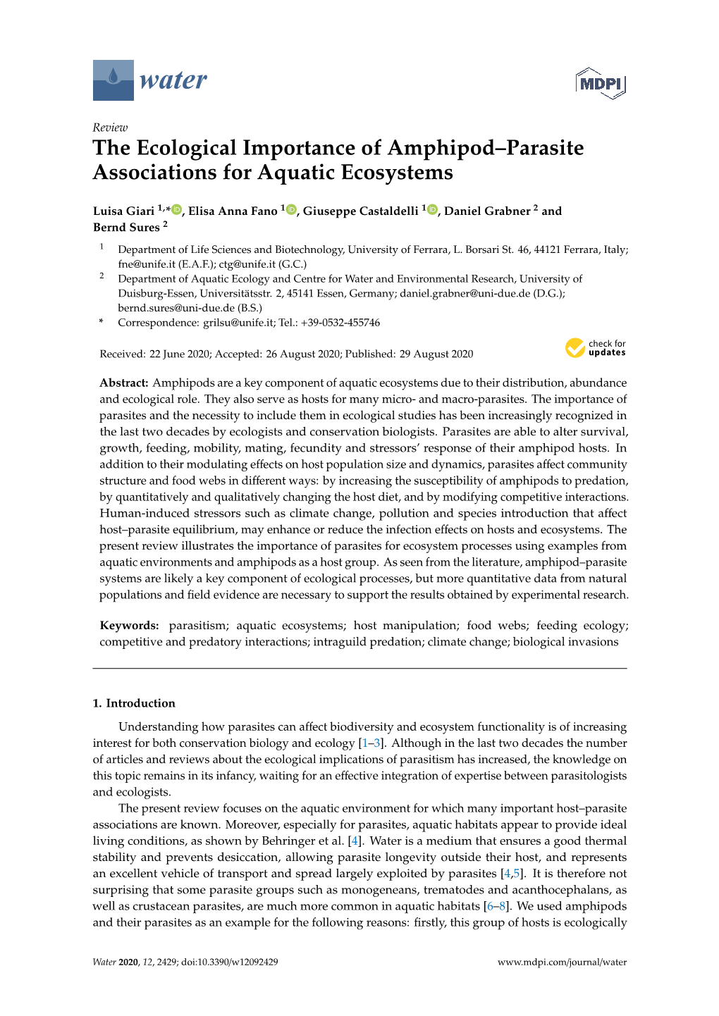 The Ecological Importance of Amphipod–Parasite Associations for Aquatic Ecosystems