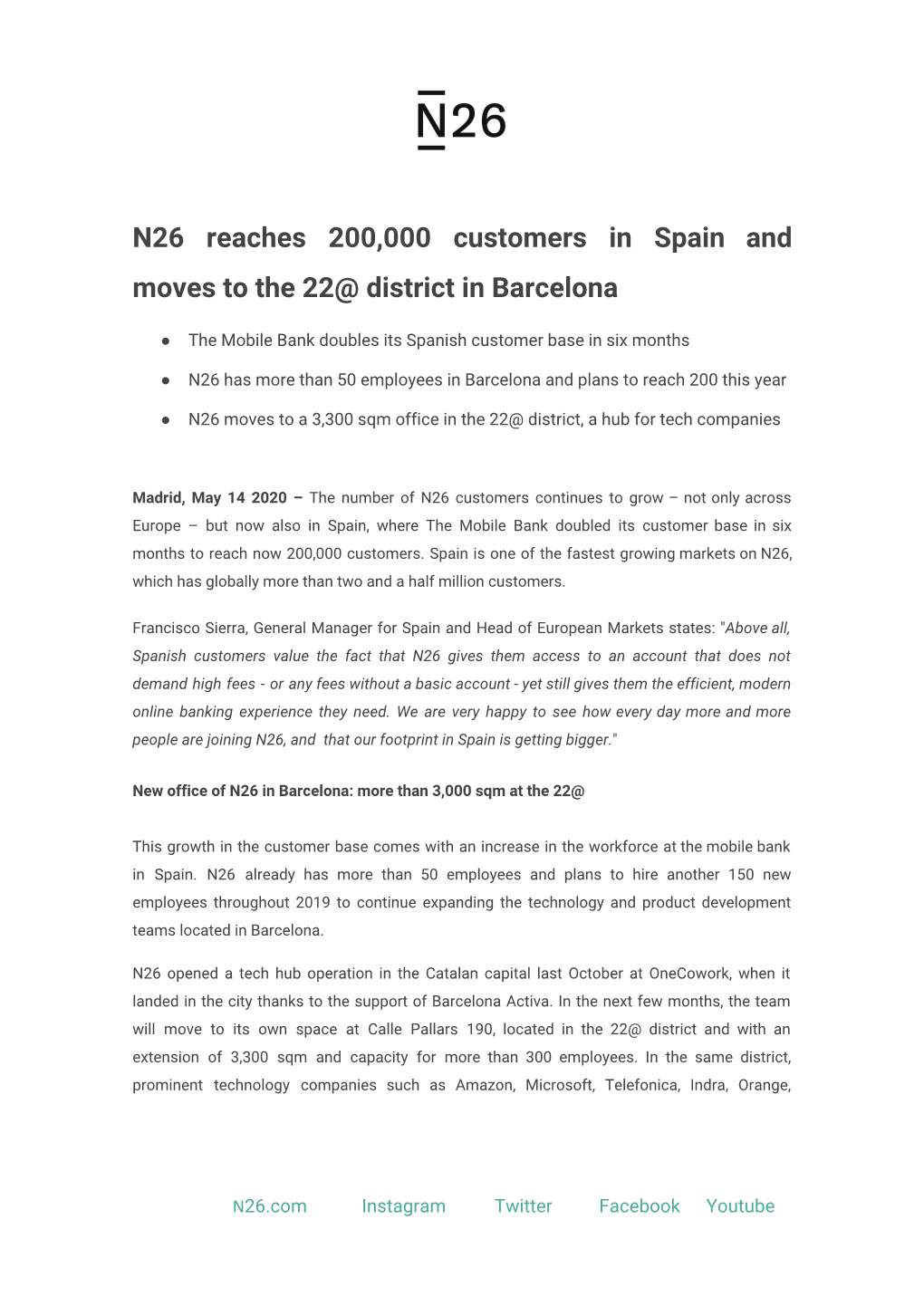 N26 Reaches 200,000 Customers in Spain and Moves to the 22@ District in Barcelona