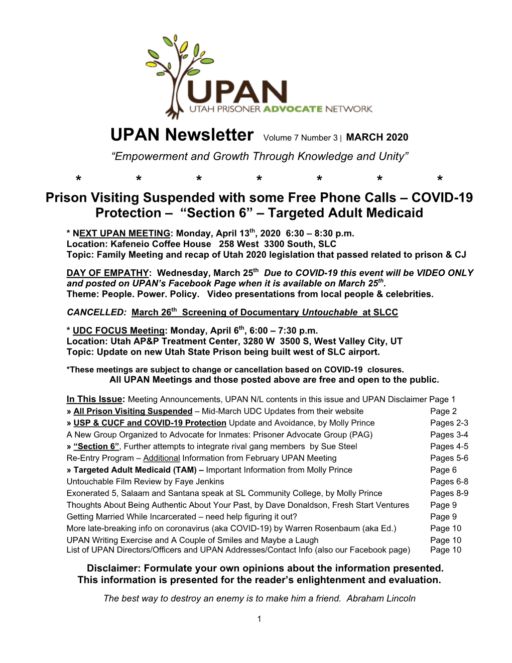 Prison Visiting Suspended with Some Free Phone Calls – COVID-19 Protection – “Section 6” – Targeted Adult Medicaid