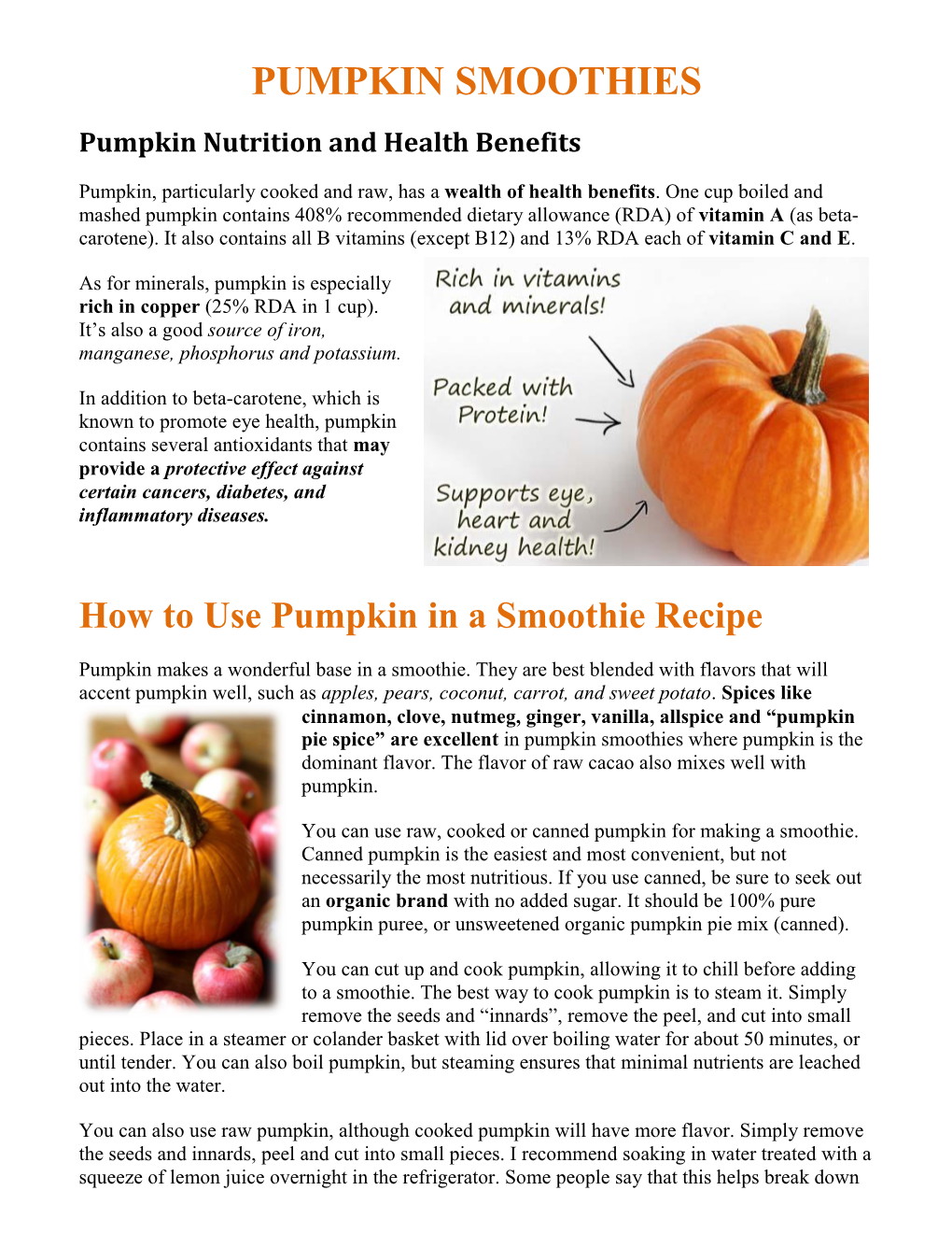 PUMPKIN SMOOTHIES Pumpkin Nutrition and Health Benefits