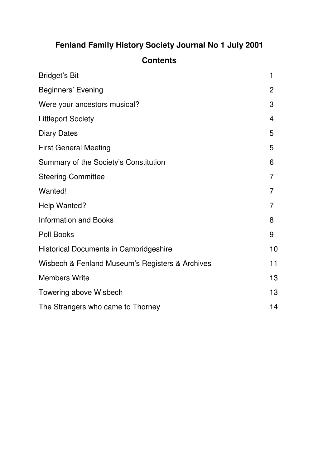 Fenland Family History Society Journal No 1 July 2001 Contents