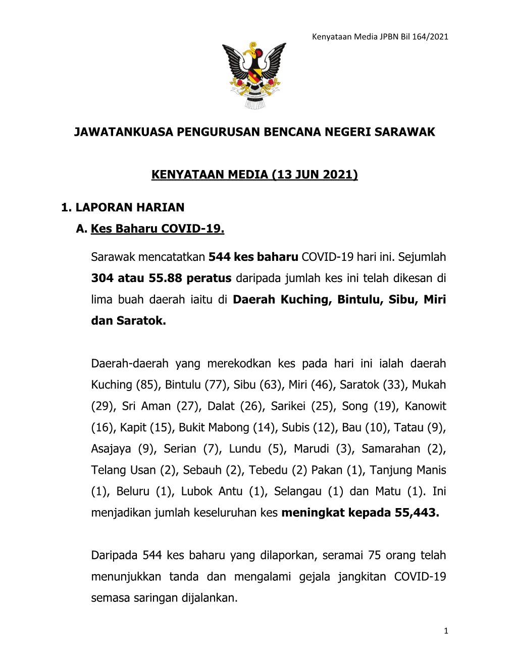 (13 JUN 2021) 1. LAPORAN HARIAN A. Kes Baharu COVID-19. Sarawak M