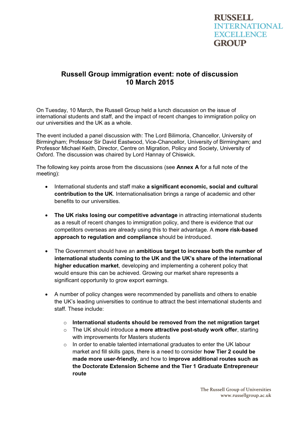 Russell Group Immigration Event: Note of Discussion 10 March 2015