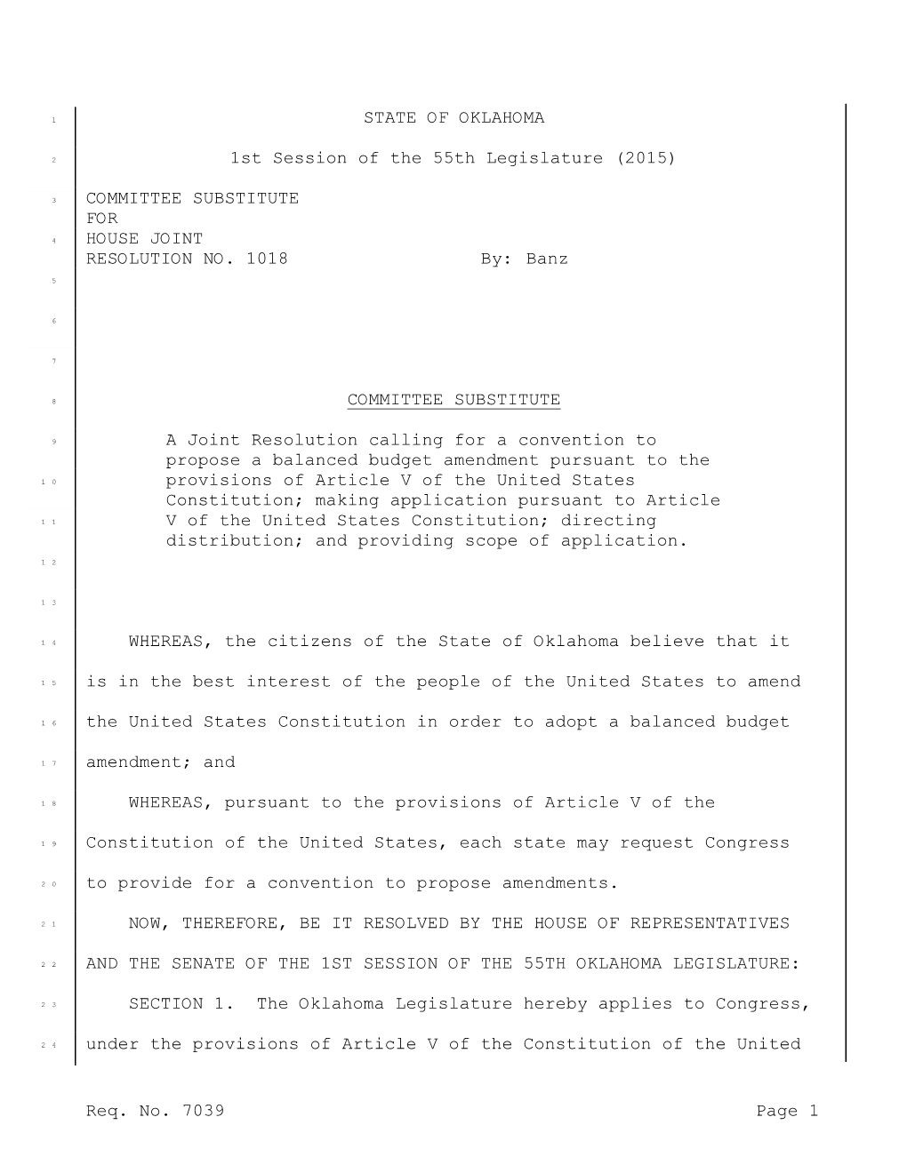 Req. No. 7039 Page 1 STATE of OKLAHOMA 1St Session of the 55Th