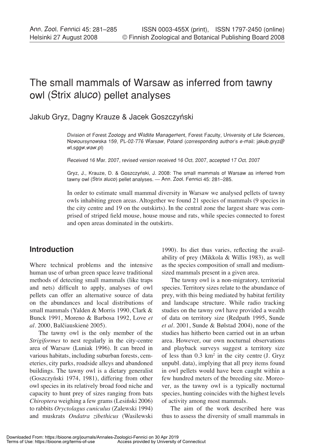 The Small Mammals of Warsaw As Inferred from Tawny Owl (Strix Aluco) Pellet Analyses