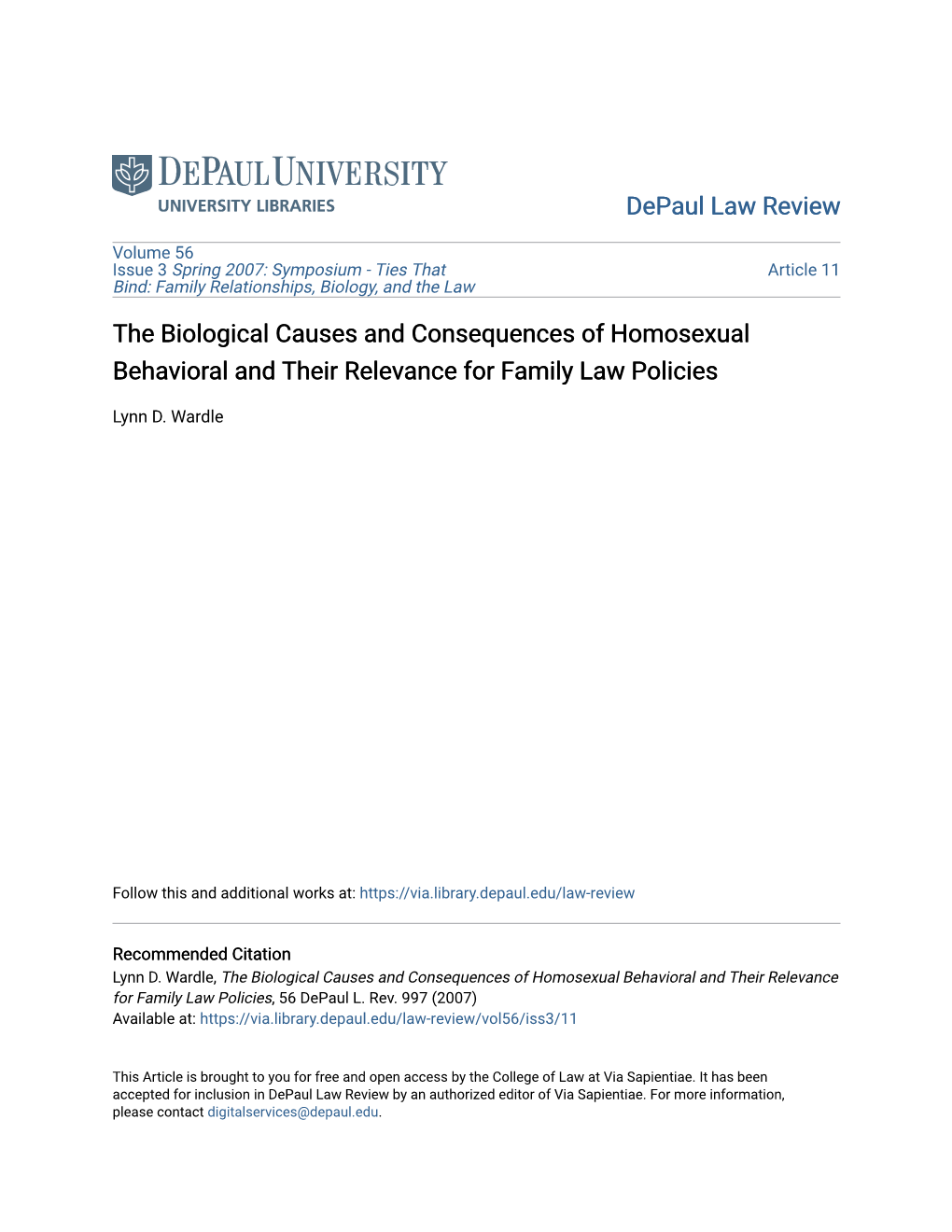 The Biological Causes and Consequences of Homosexual Behavioral and Their Relevance for Family Law Policies