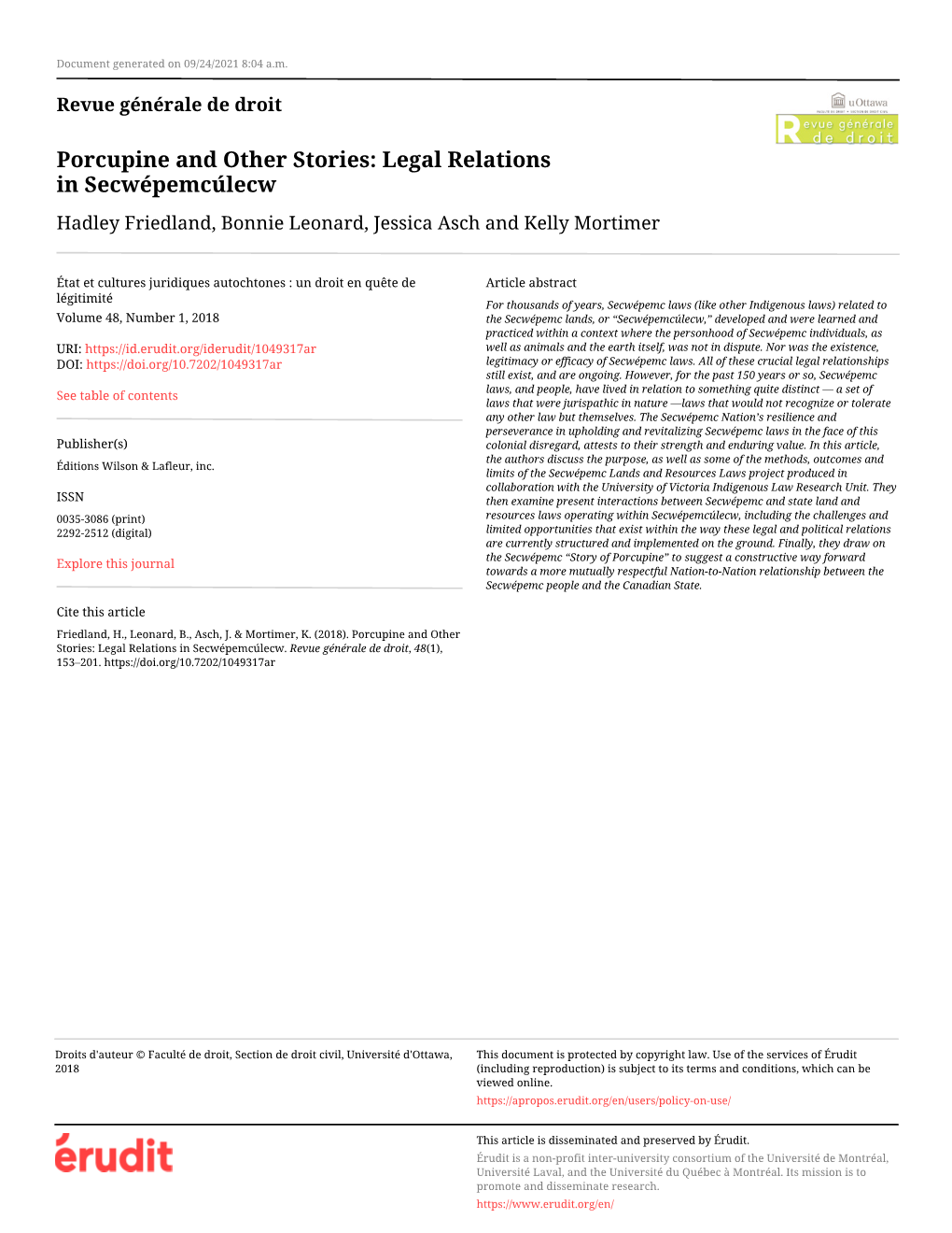 Porcupine and Other Stories: Legal Relations in Secwépemcúlecw Hadley Friedland, Bonnie Leonard, Jessica Asch and Kelly Mortimer