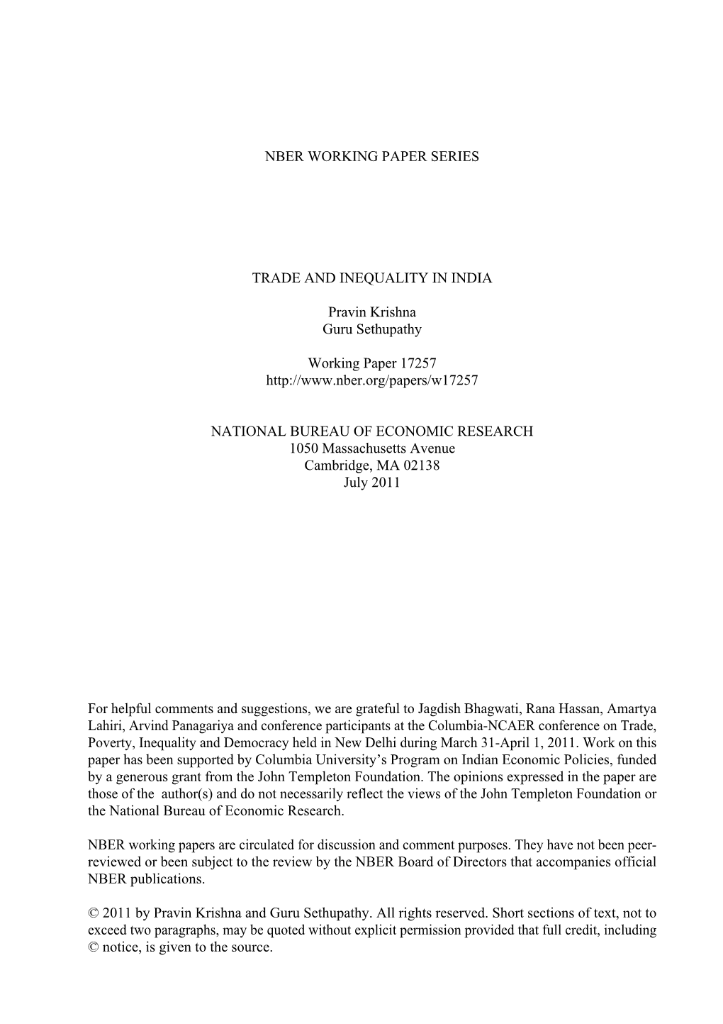 Nber Working Paper Series Trade and Inequality in India