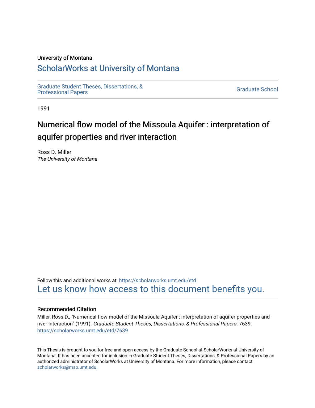 Numerical Flow Model of the Missoula Aquifer : Interpretation of Aquifer Properties and River Interaction