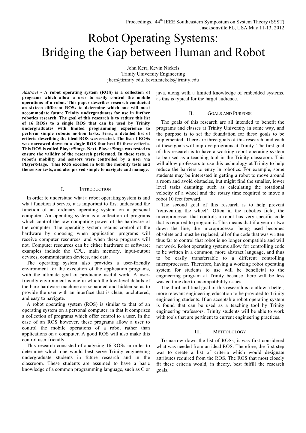 SSST Robot Operating Systems Paper