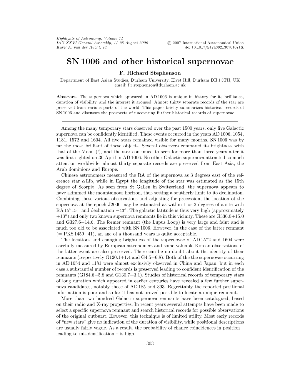 SN 1006 and Other Historical Supernovae F