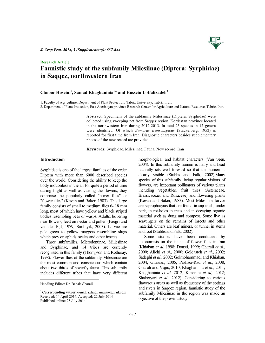 Faunistic Study of the Subfamily Milesiinae (Diptera: Syrphidae) in Saqqez, Northwestern Iran