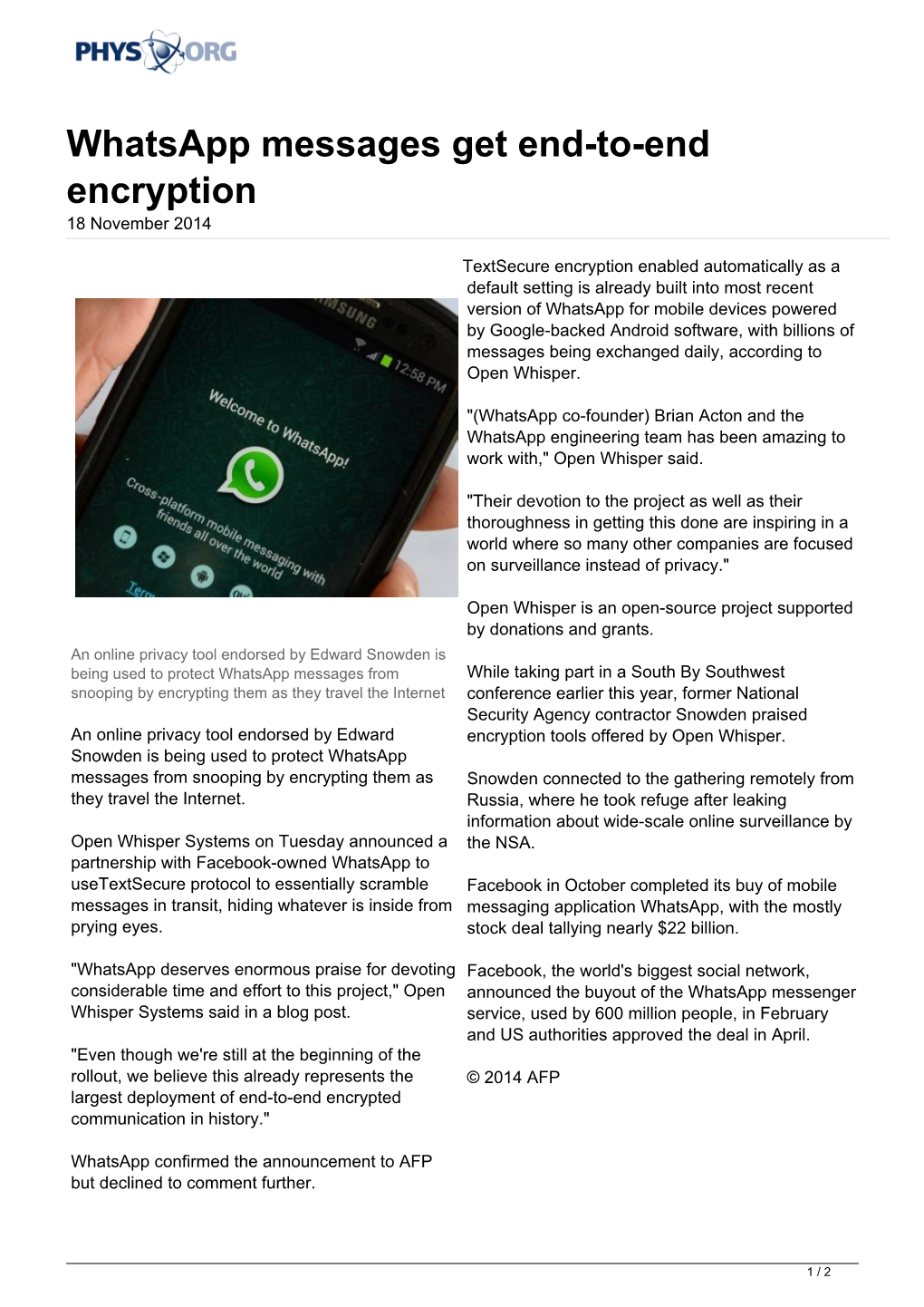 Whatsapp Messages Get End-To-End Encryption 18 November 2014