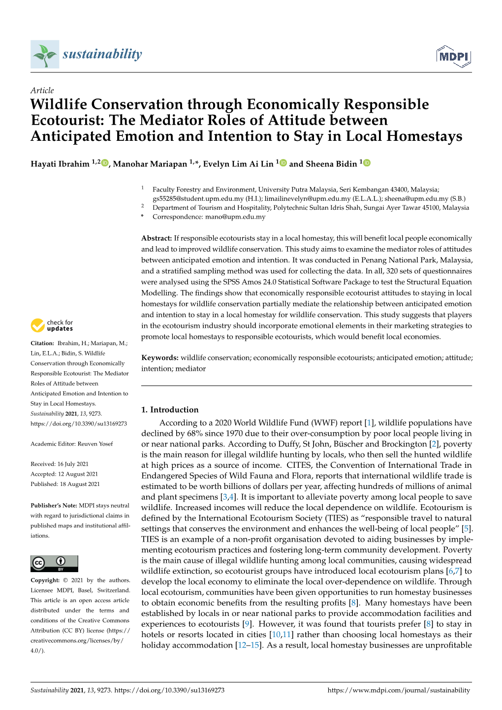 Wildlife Conservation Through Economically Responsible Ecotourist: the Mediator Roles of Attitude Between Anticipated Emotion and Intention to Stay in Local Homestays