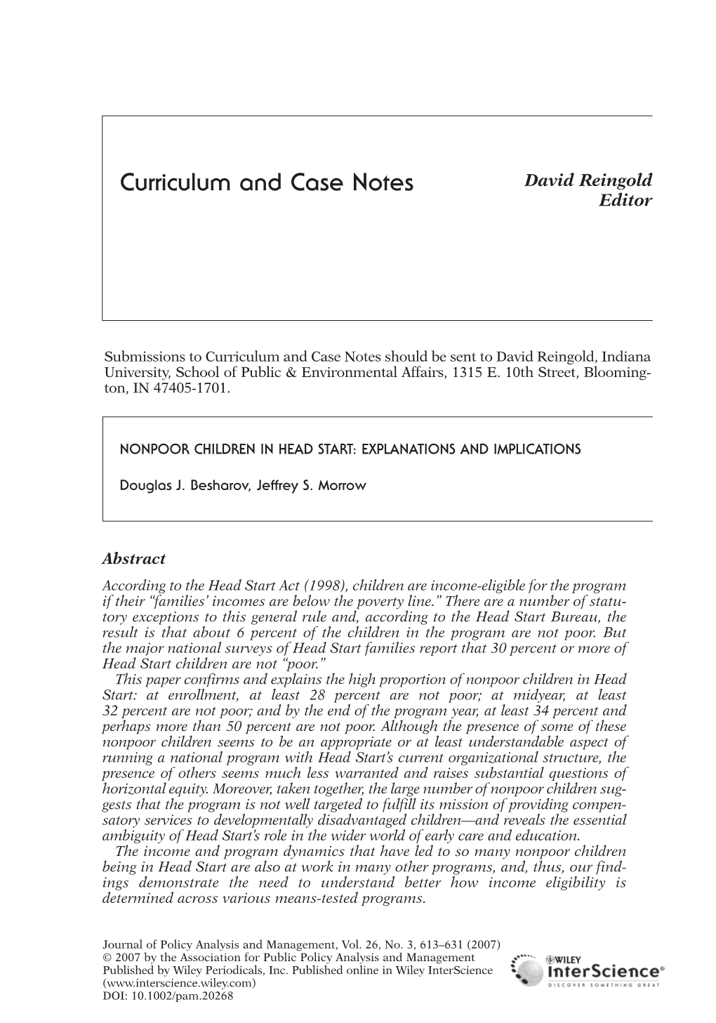 Nonpoor Children in Head Start: Explanations and Implications