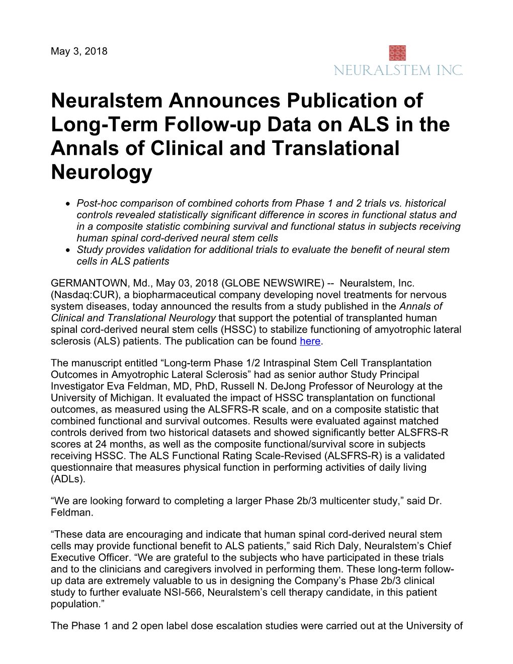 Neuralstem Announces Publication of Long-Term Follow-Up Data on ALS in the Annals of Clinical and Translational Neurology
