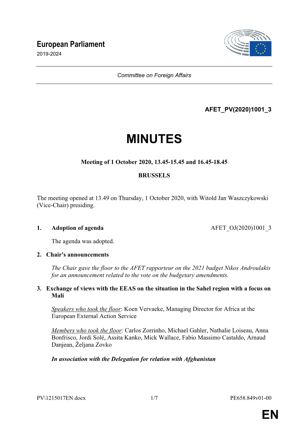 Minutes of the Meeting of 1 October 2020