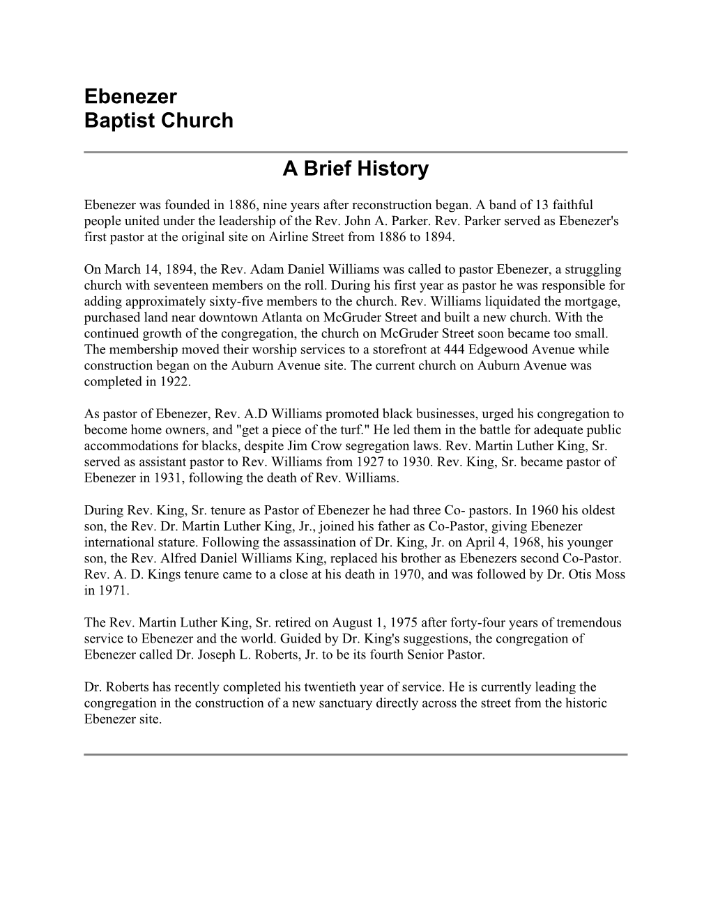 Ebenezer Baptist Church a Brief History