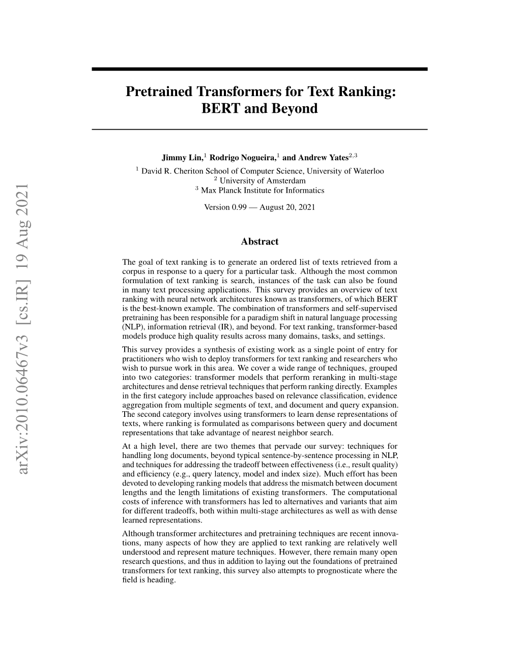 Pretrained Transformers for Text Ranking: BERT and Beyond