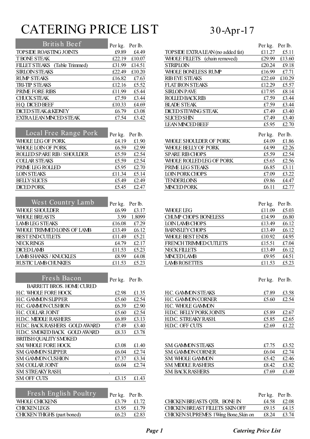 CATERING PRICE LIST 30-Apr-17